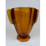 Art Deco Large Amber glass vase with sculptural Phalanges on a large footed base. Approx height -