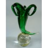 Continental Glass spill vase. The Green encased in clear glass Cornucopia sitting upon a bubbled