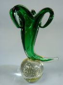 Continental Glass spill vase. The Green encased in clear glass Cornucopia sitting upon a bubbled
