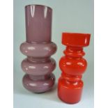 Two pieces of Danish Art Glass with cylindrical bands - in purple and Red.