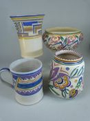 Poole Pottery a selection of four pieces. Two vases, Tankard and a small bowl. Geometric patterns in