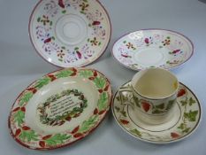 Staffordshire Prattware childrens plate with verse to middle. Two other Staffordshire saucers and
