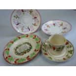 Staffordshire Prattware childrens plate with verse to middle. Two other Staffordshire saucers and