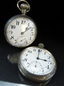 A Pair of matching military issue, open faced keyless wind, pocket watches. The case backs inscribed