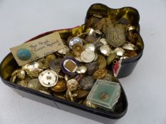 Tray containing military buttons and badges along with German and french