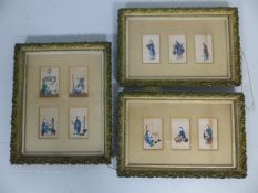 Oriental silk paintings. - Three framed sets of silk paintings depicting oriental people at work.