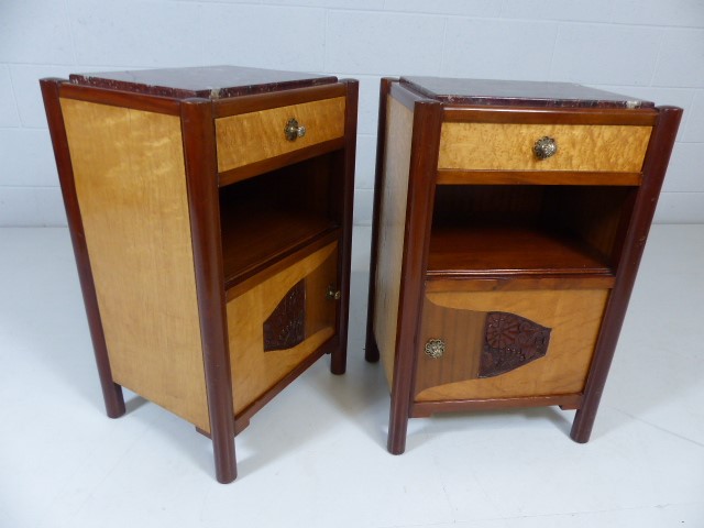 Pair of Art Deco Burr maple and mahogany marble toped bedside cabinets - Image 7 of 10