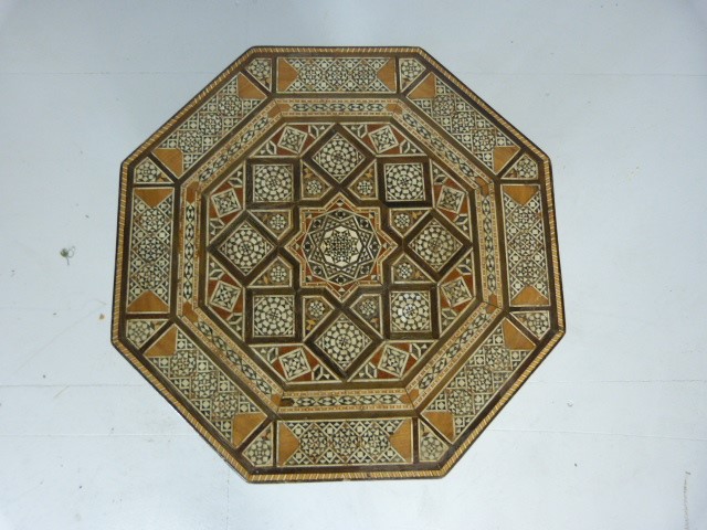 Hexagonal side table with decorative inlay of mother of pearl and ivory. Imported from Morocco. Good - Image 3 of 3