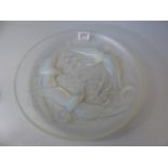 French Jobling Art Glass charger decorated in relief with fish and birds. Signed to middle. 36cm