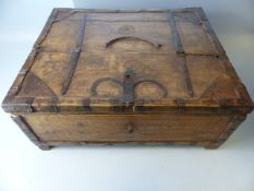 Antique bible box with inscribed decoration. Metal banded fittings and hidden compartments to back