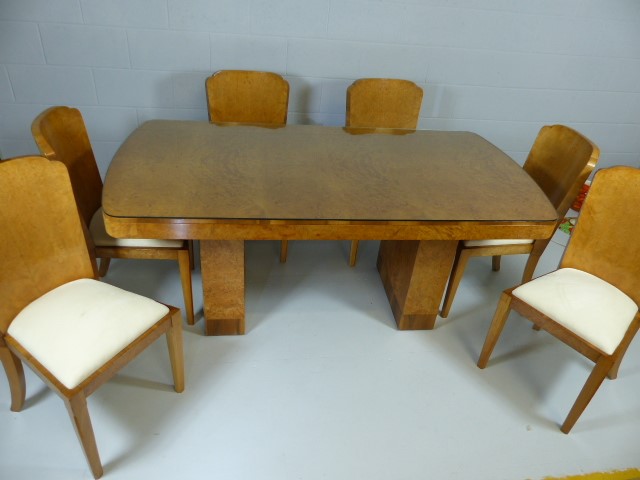 Light Birds eye Maple Art Deco dining table with six matching chairs upholstered in suede, glass top