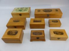 Large collection of Mauchline Ware boxes - Eight in total - mostly all for Clevedon