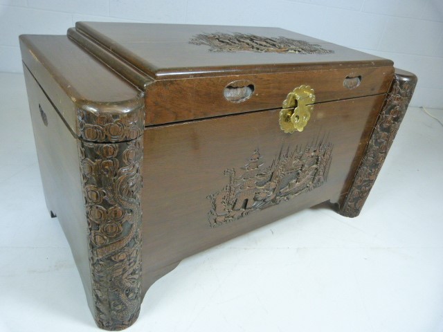 Oriental heavily carved camphor wood chest - Image 7 of 9