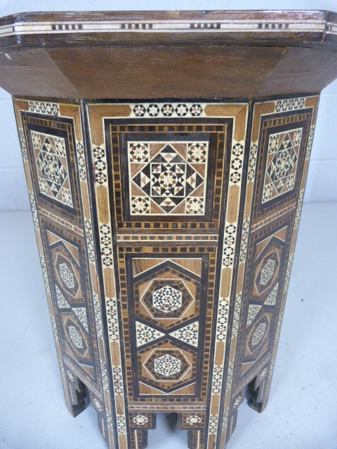 Hexagonal side table with decorative inlay of mother of pearl and ivory. Imported from Morocco. Good - Image 2 of 3