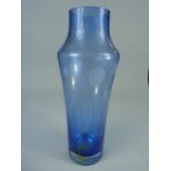 E.W.R 1980's blue glass vase etched with Horizontal stems with added bulbs. Approx height - 25cm