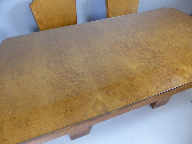 Light Birds eye Maple Art Deco dining table with six matching chairs upholstered in suede, glass top - Image 3 of 10