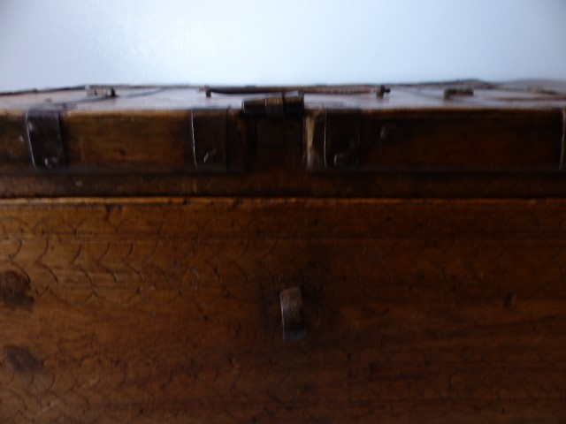 Antique bible box with inscribed decoration. Metal banded fittings and hidden compartments to back - Image 2 of 4