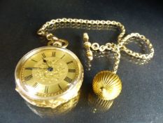 An 18ct gold open face pocket watch, the gilt dial with Roman numerals, the case with foliate