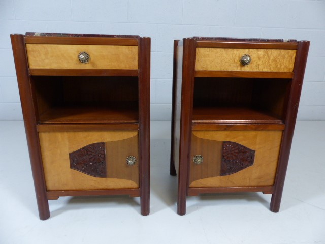 Pair of Art Deco Burr maple and mahogany marble toped bedside cabinets