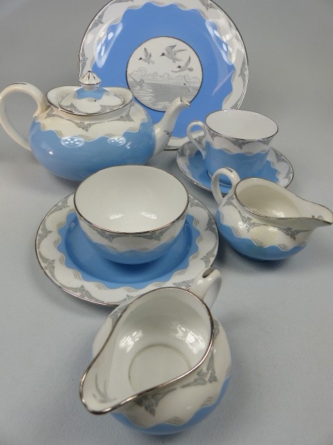 Spode Copeland's Bachelor set on sky blue ground with Gull Design. Comprising of Teapot, Two milk