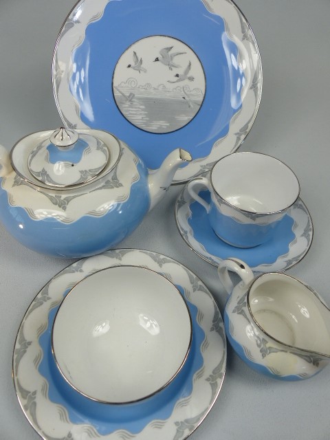 Spode Copeland's Bachelor set on sky blue ground with Gull Design. Comprising of Teapot, Two milk - Image 2 of 6