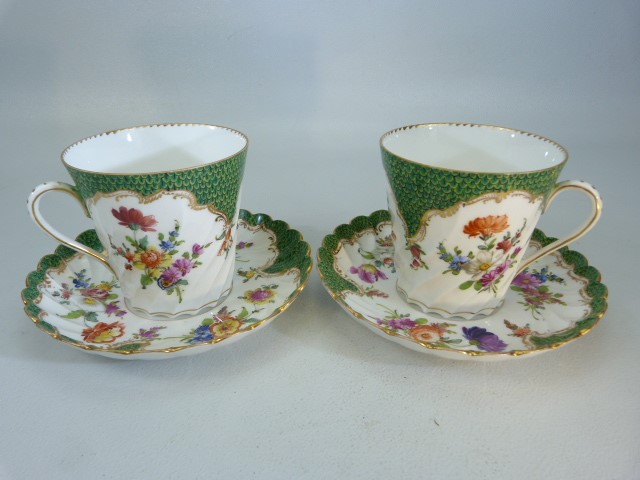 Tea for two Dresden service comprising of two tea cups, saucers, and plates, green with floral - Image 4 of 7