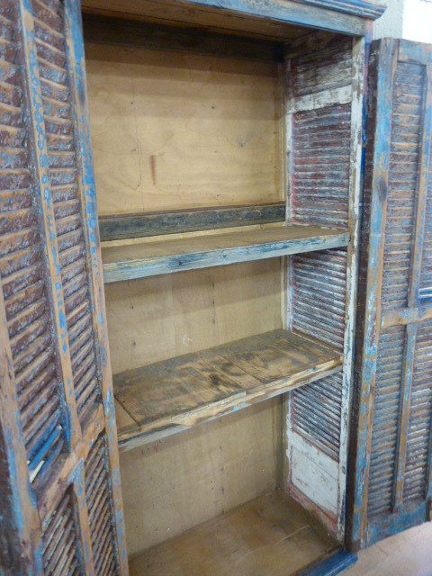 Moroccan heavily distressed two door eight panelled cupboard with two shelves and bolt lock - Image 4 of 4