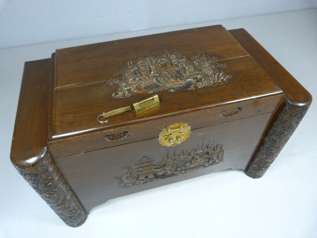 Oriental heavily carved camphor wood chest - Image 2 of 9