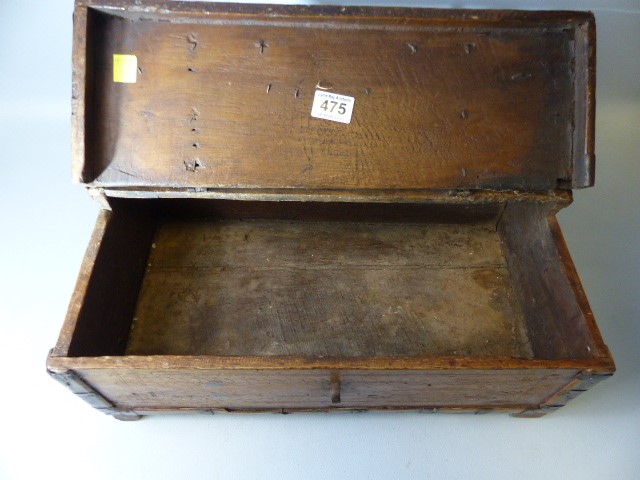 Antique bible box with inscribed decoration. Metal banded fittings and hidden compartments to back - Image 4 of 4