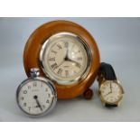 Mid Century Teak wooden desk clock, Ingersoll Pocket watch and a Lorus wristwatch.