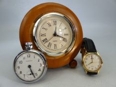 Mid Century Teak wooden desk clock, Ingersoll Pocket watch and a Lorus wristwatch.