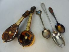 Hallmarked silver spoon by D & A along with two souvenir spoons. Also lot with tortoiseshell banjo