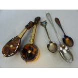 Hallmarked silver spoon by D & A along with two souvenir spoons. Also lot with tortoiseshell banjo