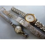 Three ladies silver coloured metal wrist watches. Two dress watches A/F by Accurist & CYMA and a