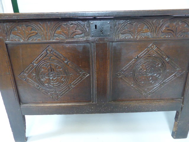 Antique carved coffer on plank feet - Image 3 of 7