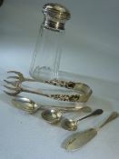 Collection of silver and plate two include tongs and a sugar shaker