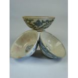 Vietnamese Burial ware bowl along with two Chinese blue and white bowls