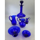 Selection of Bristol blue glassware to include various jugs, sweet dishes and a large ships