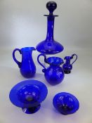 Selection of Bristol blue glassware to include various jugs, sweet dishes and a large ships