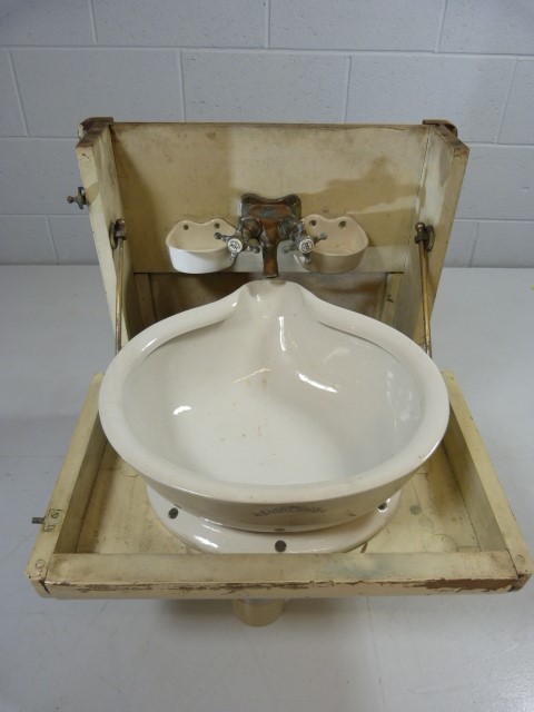 Unusual folding Railway Carriage sink. Sink folds down in wooden box to reveal taps and other