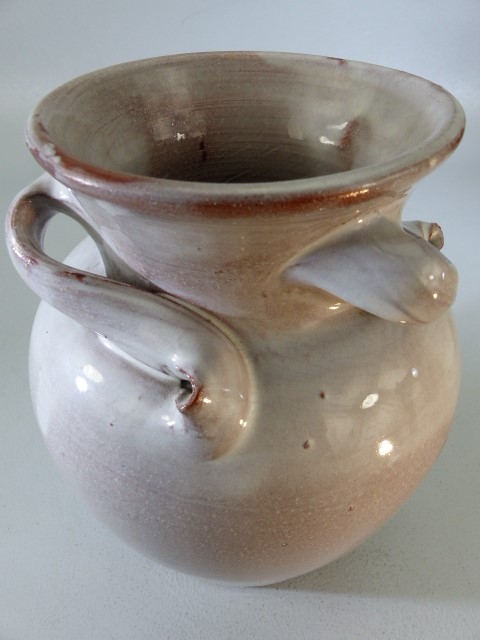 Brannam Barnstaple vase approx 19cm tall Monochrome Grey decoration with three handle round the rim. - Image 2 of 3