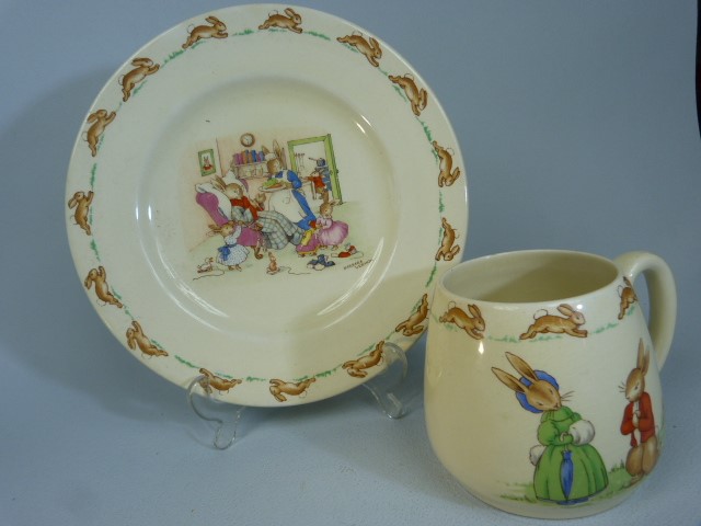 Royal Doulton Bunnykins plate and milk jug signed Barbara Vernon on each.