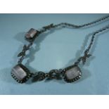 Victorian Rose Quartz and Marcasite set necklace on double link chain.