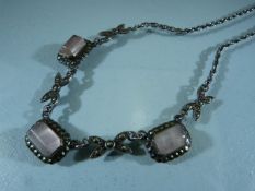 Victorian Rose Quartz and Marcasite set necklace on double link chain.