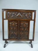 Arts and Crafts oak carved Fire screen - decorated with three panels depicting Tulips and pierced