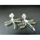 Pair of silver Plique a jour dragonfly earrings set with opals