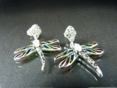 Pair of silver Plique a jour dragonfly earrings set with opals