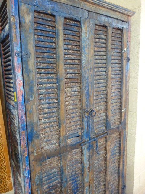 Moroccan heavily distressed two door eight panelled cupboard with two shelves and bolt lock - Image 2 of 4