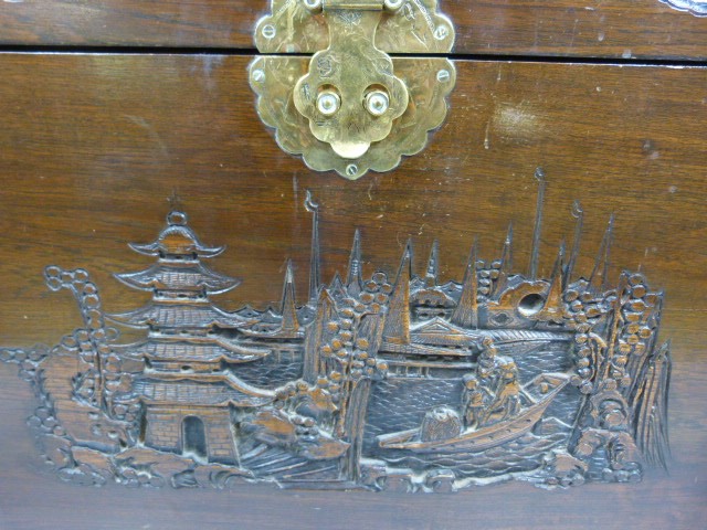 Oriental heavily carved camphor wood chest - Image 4 of 9