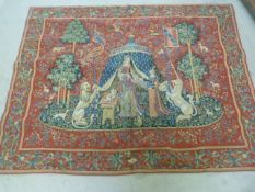 Modern large red ground wall hanging tapestry. 'The Lady with the Unicorn' 20th Century French